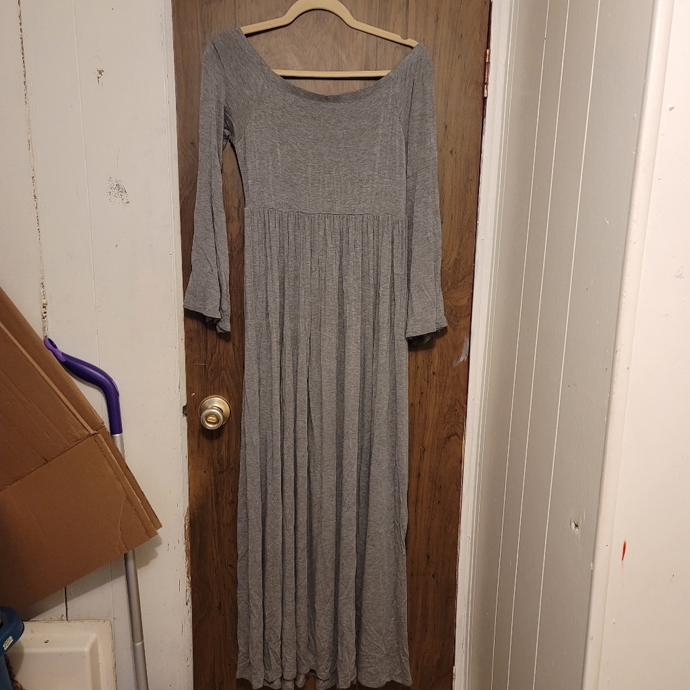 Grey Long Sleeve Maxi Dress - Classic Scoop Neck